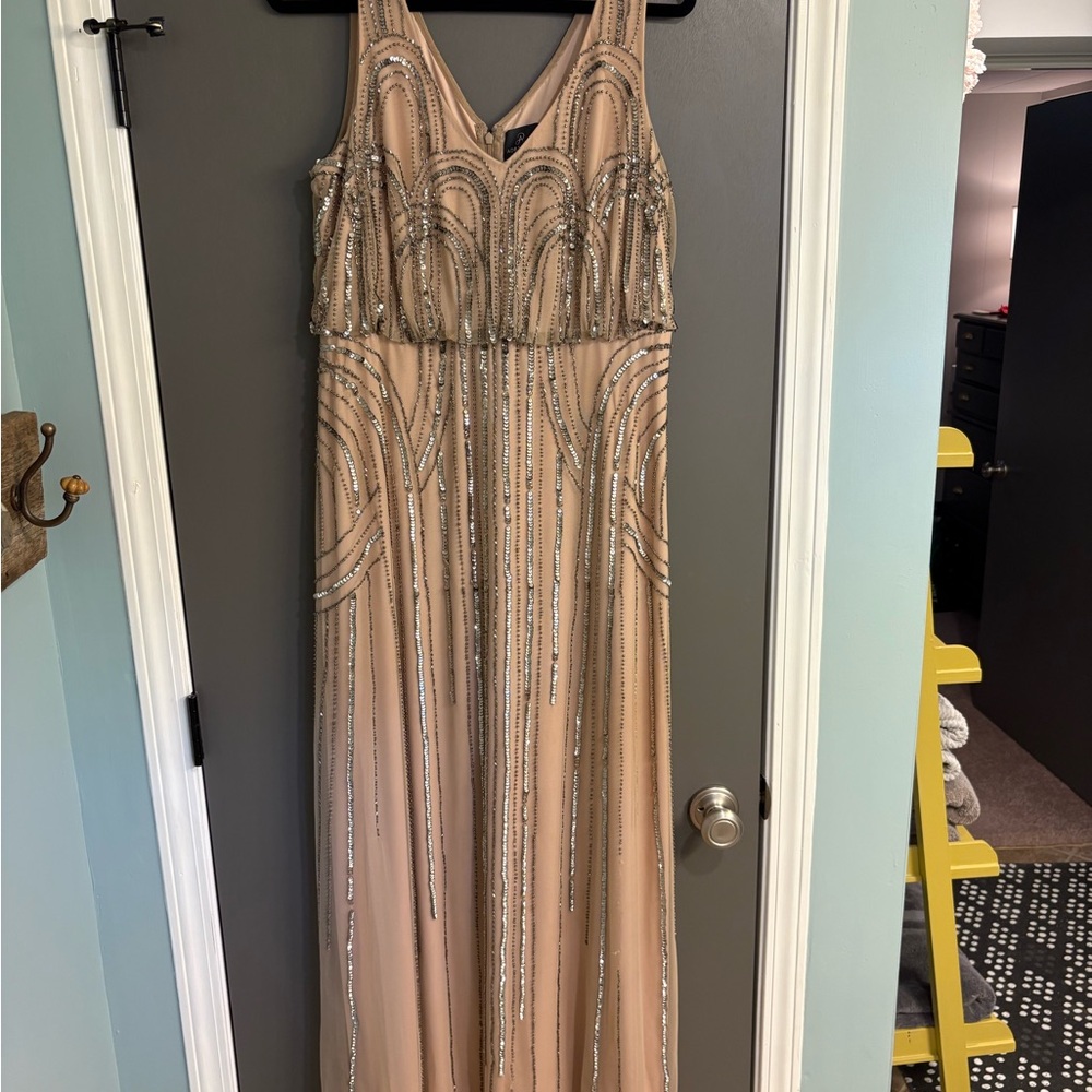 Adrianna Papell Beige Maxi Dress with Silver Detailing